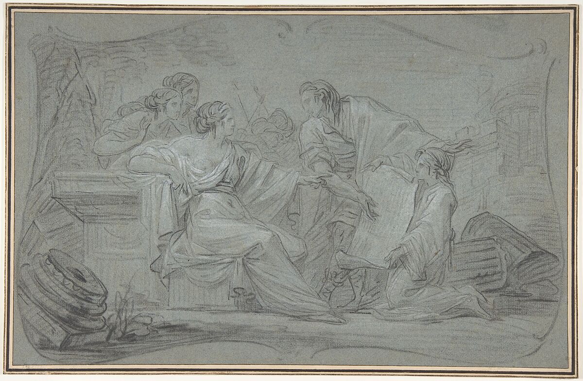 Semiramus Inspecting a Plan of Babylon, Jean Simon Berthélemy (French, Laon 1742–1811 Paris), Black and white chalk on blue-gray paper 