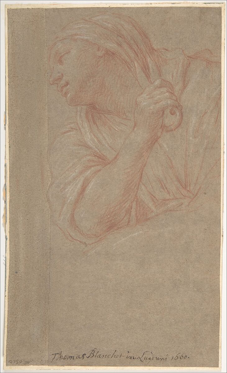 Half Figure of a Woman, Thomas Blanchet (French, Paris 1614–1689 Lyon), Red chalk heightened with white 