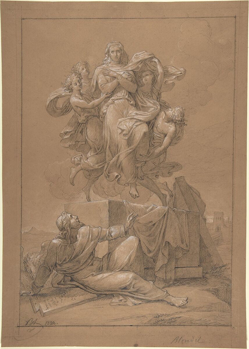 The Assumption of the Virgin, Merry Joseph Blondel (French, Paris 1781–1853 Paris), Black chalk, heightened with white, on light brown paper 