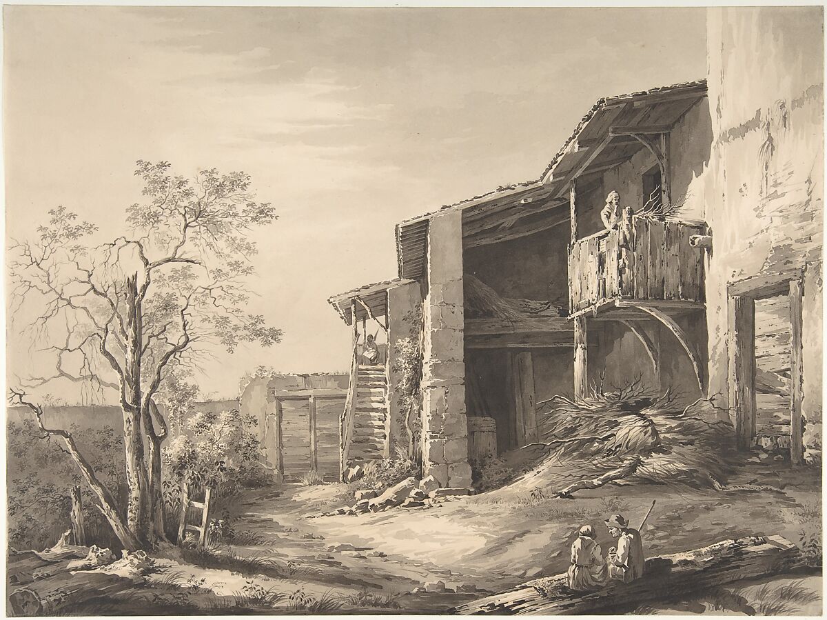 Farmyard, Jean Jacques de Boissieu (French, Lyons 1736–1810 Lyons), Brush and brownish-gray washes, over traces of black chalk 