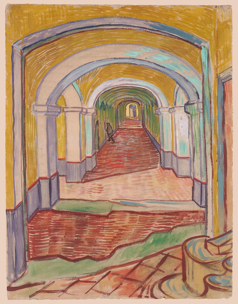 Corridor in the Asylum, Vincent van Gogh (Dutch, Zundert 1853–1890 Auvers-sur-Oise), Oil color and essence over black chalk on pink laid ("Ingres") paper 
