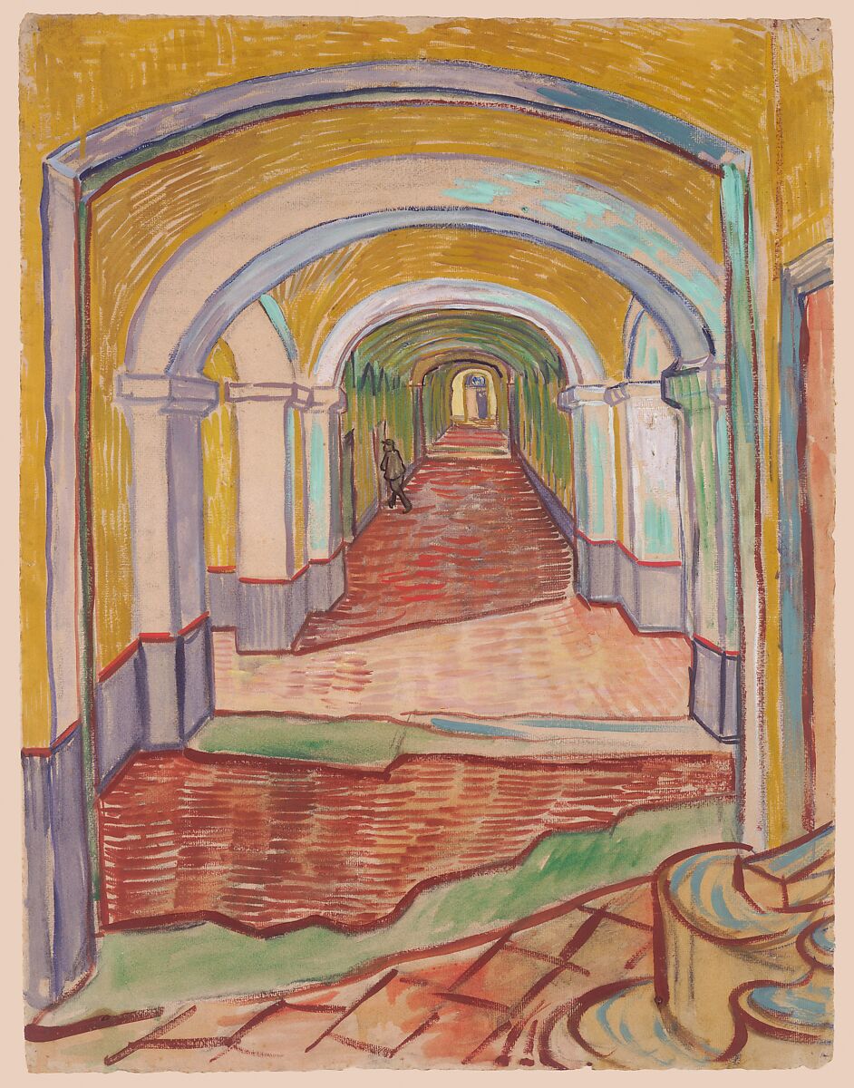 Corridor in the Asylum, Vincent van Gogh  Dutch, Oil color and essence over black chalk on pink laid ("Ingres") paper