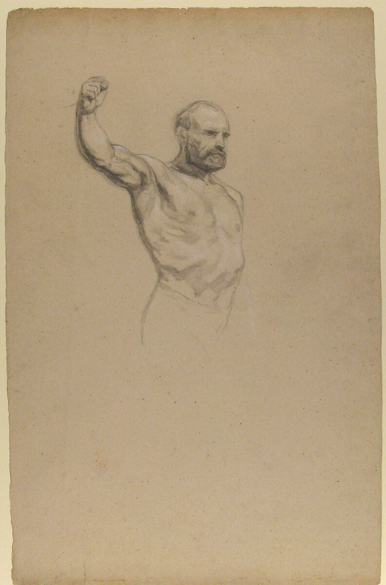 Bearded, bare-chested male figure, study for "The Horse Fair", Rosa Bonheur (French, Bordeaux 1822–1899 Thomery), Black chalk and graphite, heightened with white