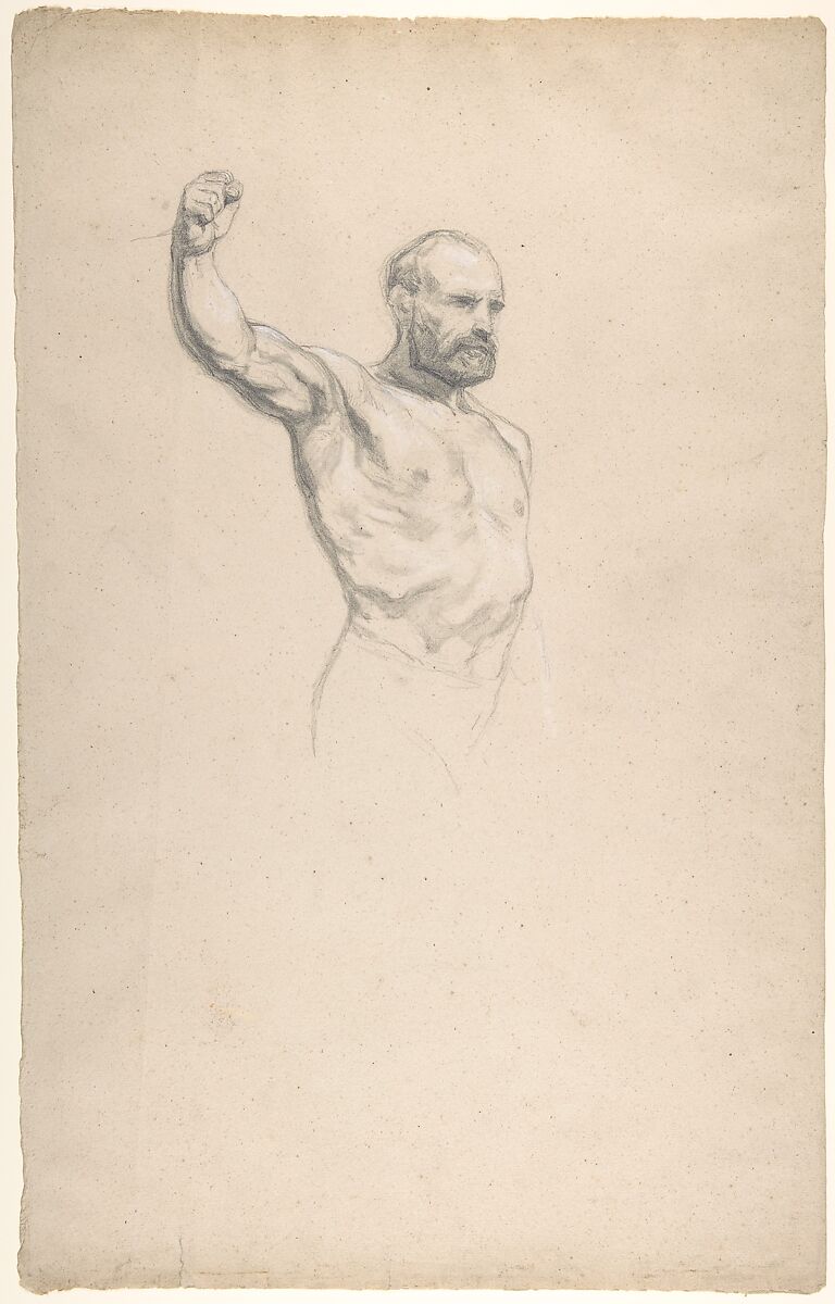 Bearded, bare-chested male figure, study for "The Horse Fair", Rosa Bonheur (French, Bordeaux 1822–1899 Thomery), Black chalk and graphite, heightened with white 