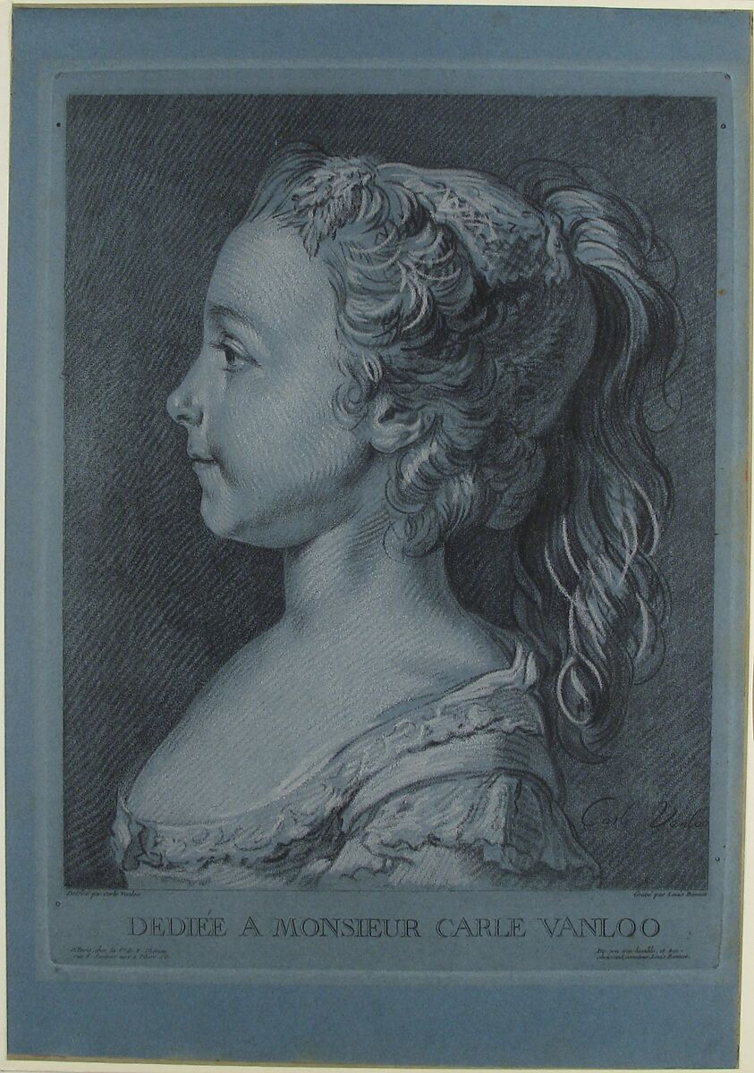 Head of a Young Girl in Profile, Louis Marin Bonnet (French, Paris 1736–1793 Saint-Mandé, Val-de-Marne), Crayon manner in black and white on blue paper