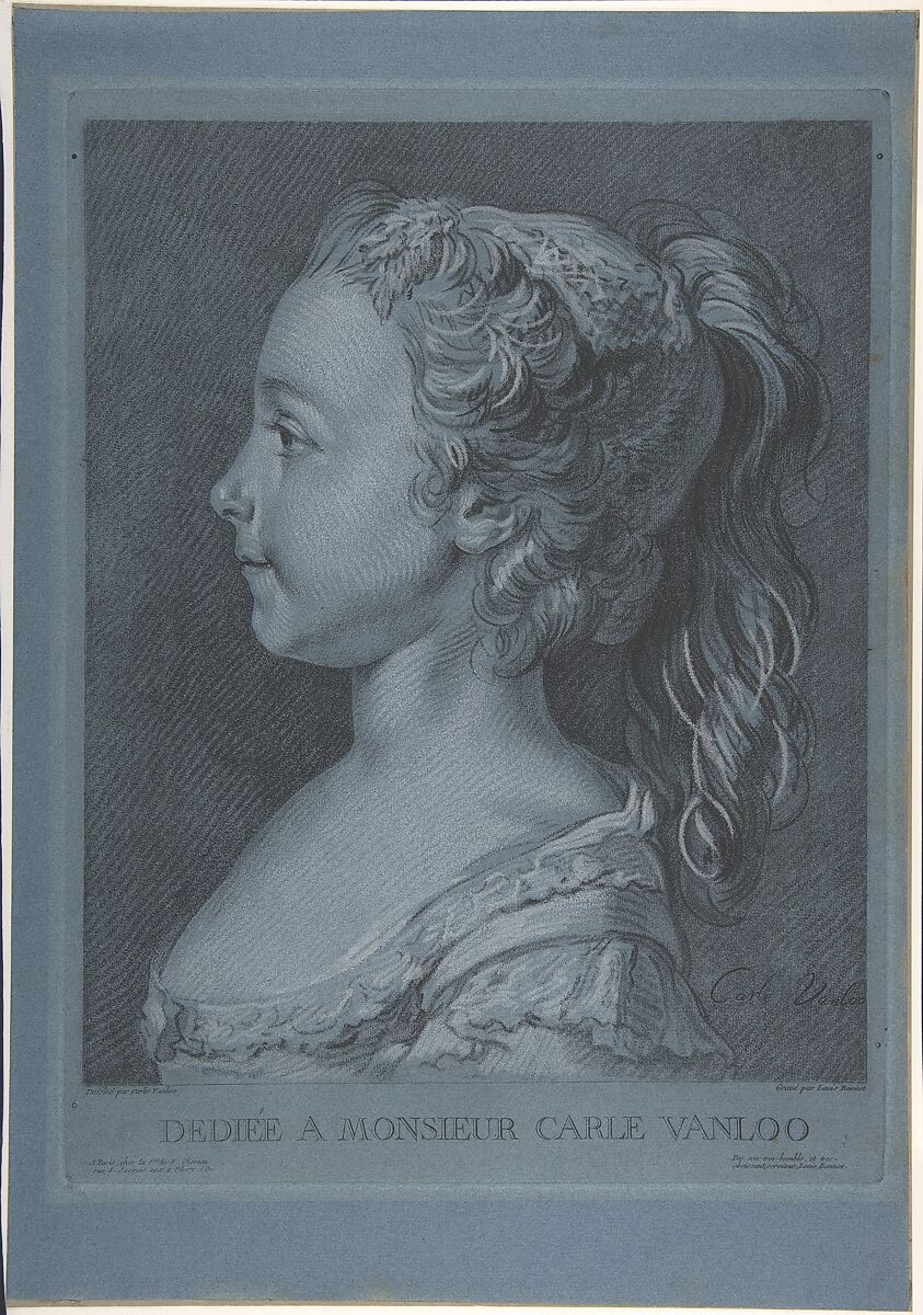 Head of a Young Girl in Profile, Copyist Louis Marin Bonnet (French, Paris 1736–1793 Saint-Mandé, Val-de-Marne), Crayon manner in black and white on blue paper 