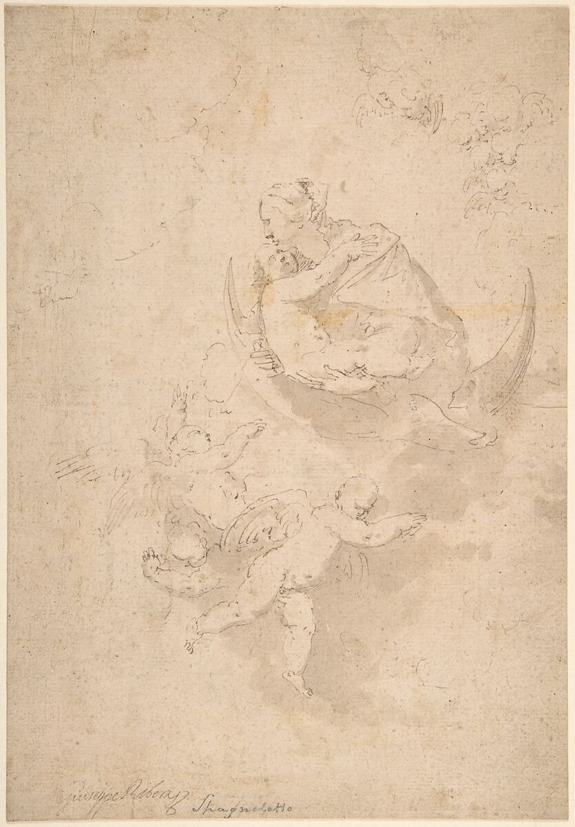 Virgin and Child on Crescent Moon with Putti, Jusepe de Ribera (called Lo Spagnoletto) (Spanish, Játiva 1591–1652 Naples), Pen and brown ink with brush and brown wash over traces of black chalk underdrawing on beige paper 
