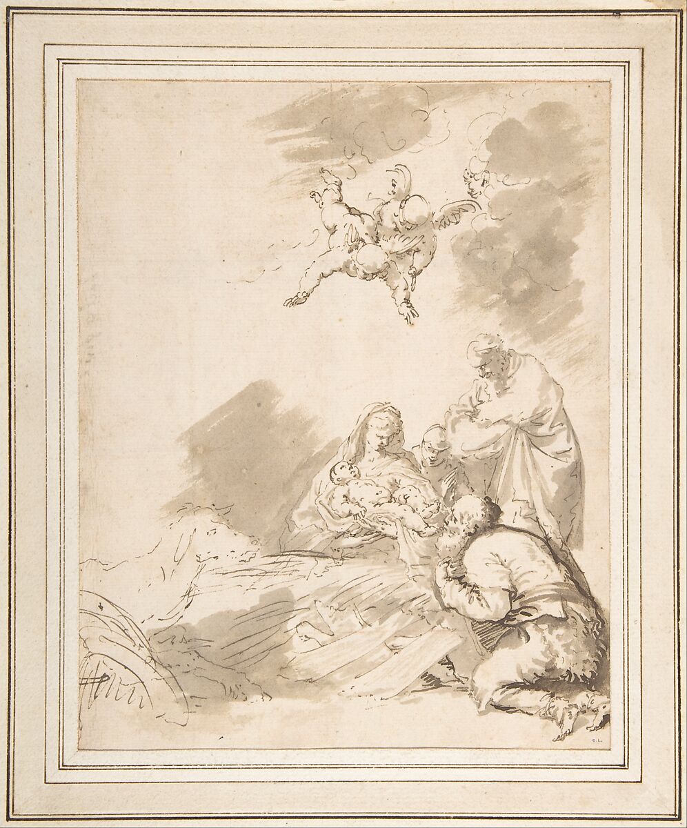 Adoration of the Shepherds, Jusepe de Ribera (called Lo Spagnoletto) (Spanish, Játiva 1591–1652 Naples), Pen and brown ink, brush and brown wash 