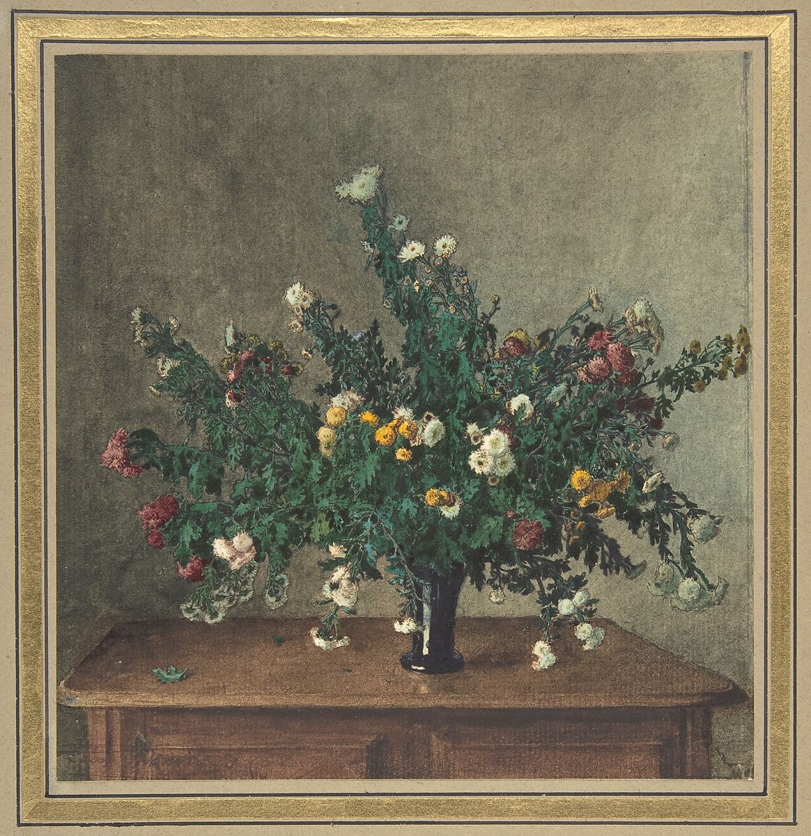 Bouquet of Small Chrysanthemums, Léon Bonvin (French, Paris 1834–1866 Meudon), Watercolor and gouache 