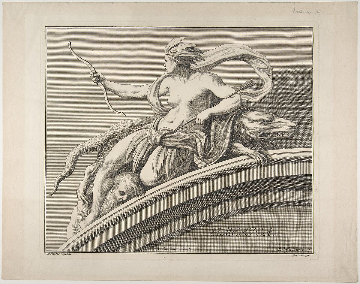 Allegory of America, from the Four Continents, Edme Bouchardon (French, Chaumont 1698–1762 Paris), Red chalk
