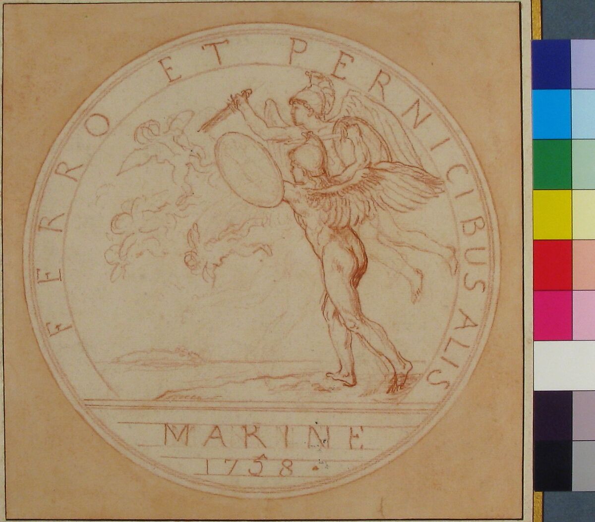 Design for a Medal: Marine 1758, Edme Bouchardon (French, Chaumont 1698–1762 Paris), Red chalk; red chalk wash surrounding design