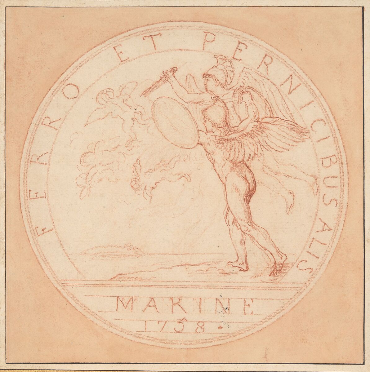 Design for a Medal: Marine 1758, Edme Bouchardon (French, Chaumont 1698–1762 Paris), Red chalk; red chalk wash surrounding design