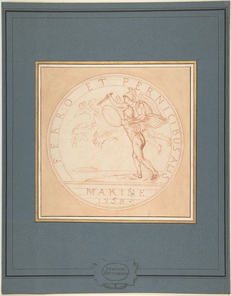 Design for a Medal: Marine 1758, Edme Bouchardon (French, Chaumont 1698–1762 Paris), Red chalk; red chalk wash surrounding design 