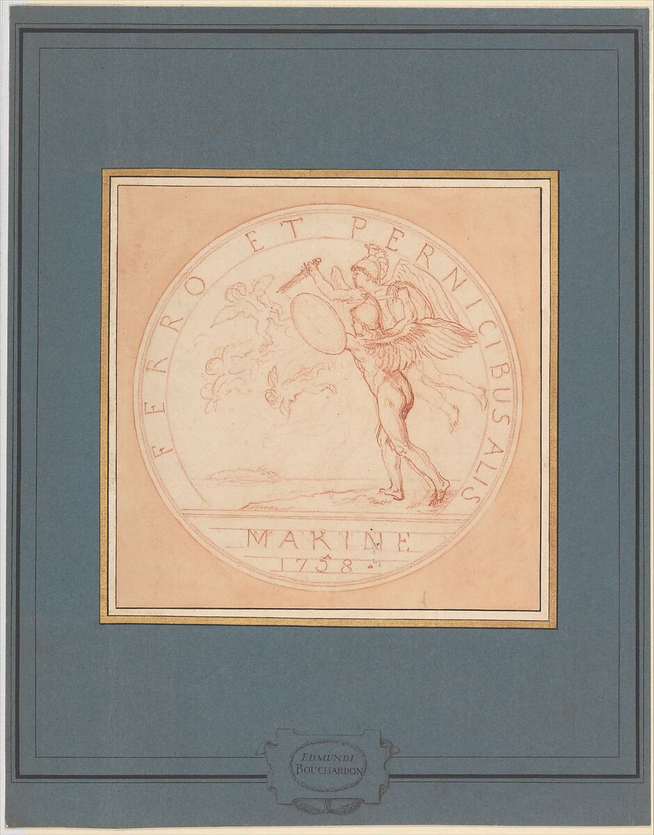 Design for a Medal: Marine 1758, Edme Bouchardon (French, Chaumont 1698–1762 Paris), Red chalk; red chalk wash surrounding design