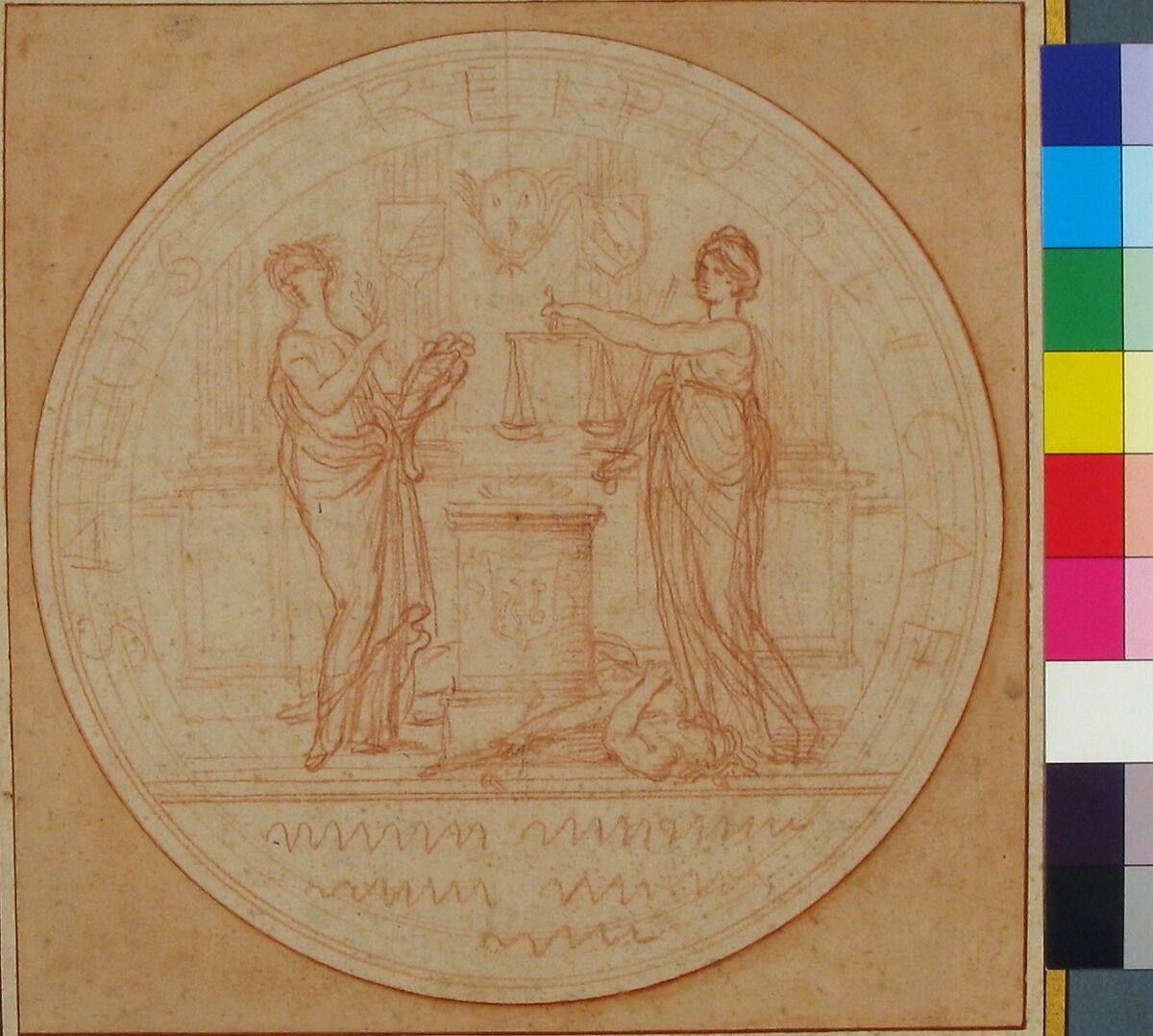 Design for a Medal, Edme Bouchardon (French, Chaumont 1698–1762 Paris), Red chalk; red chalk wash surrounding design
