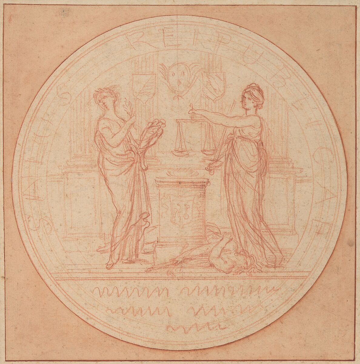 Design for a Medal, Edme Bouchardon (French, Chaumont 1698–1762 Paris), Red chalk; red chalk wash surrounding design
