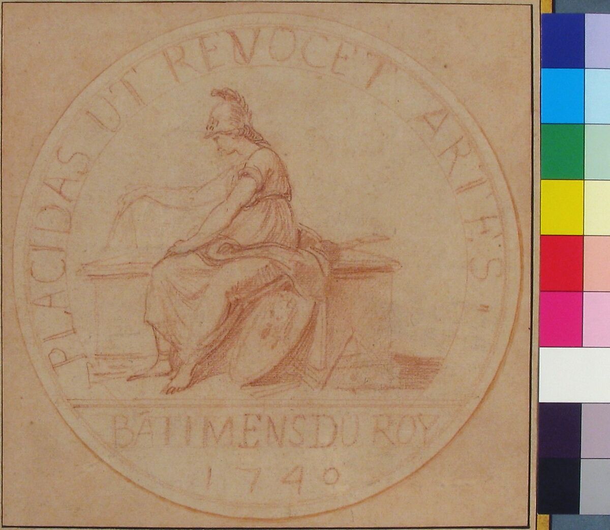 Design for a Medal: Bâtiments du Roy, 1740, Edme Bouchardon (French, Chaumont 1698–1762 Paris), Red chalk; red chalk wash surrounding design