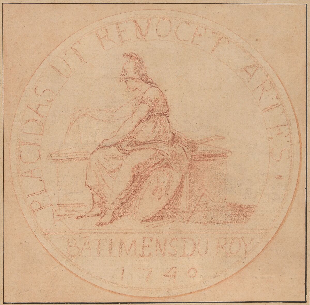Design for a Medal: Bâtiments du Roy, 1740, Edme Bouchardon (French, Chaumont 1698–1762 Paris), Red chalk; red chalk wash surrounding design
