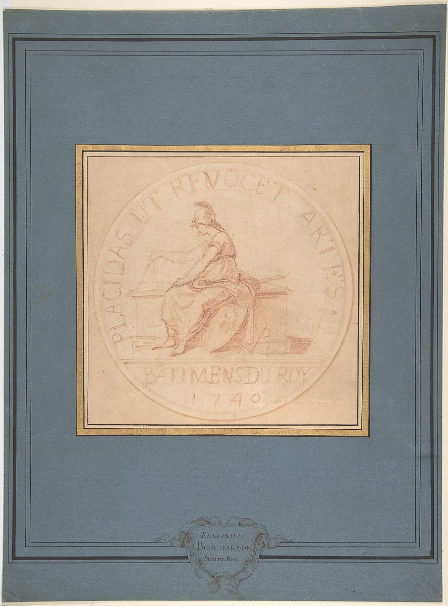 Design for a Medal: Bâtiments du Roy, 1740, Edme Bouchardon (French, Chaumont 1698–1762 Paris), Red chalk; red chalk wash surrounding design 