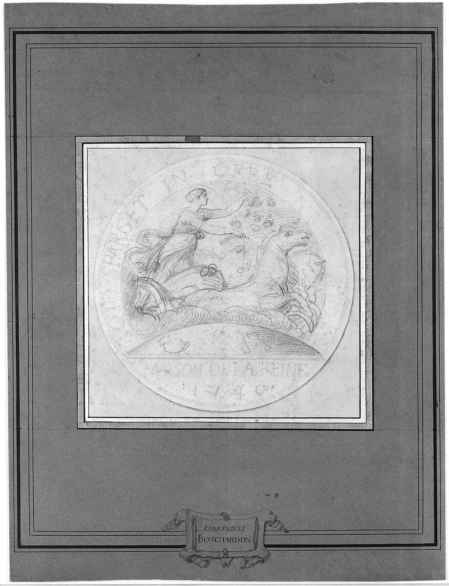 Design for a jeton or a token: Maison de la Reine 1740, Edme Bouchardon (French, Chaumont 1698–1762 Paris), Red chalk; red chalk wash surrounding design.
