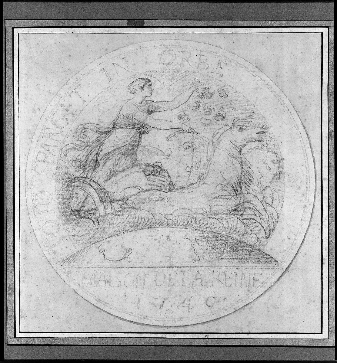 Design for a jeton or a token: Maison de la Reine 1740, Edme Bouchardon (French, Chaumont 1698–1762 Paris), Red chalk; red chalk wash surrounding design.