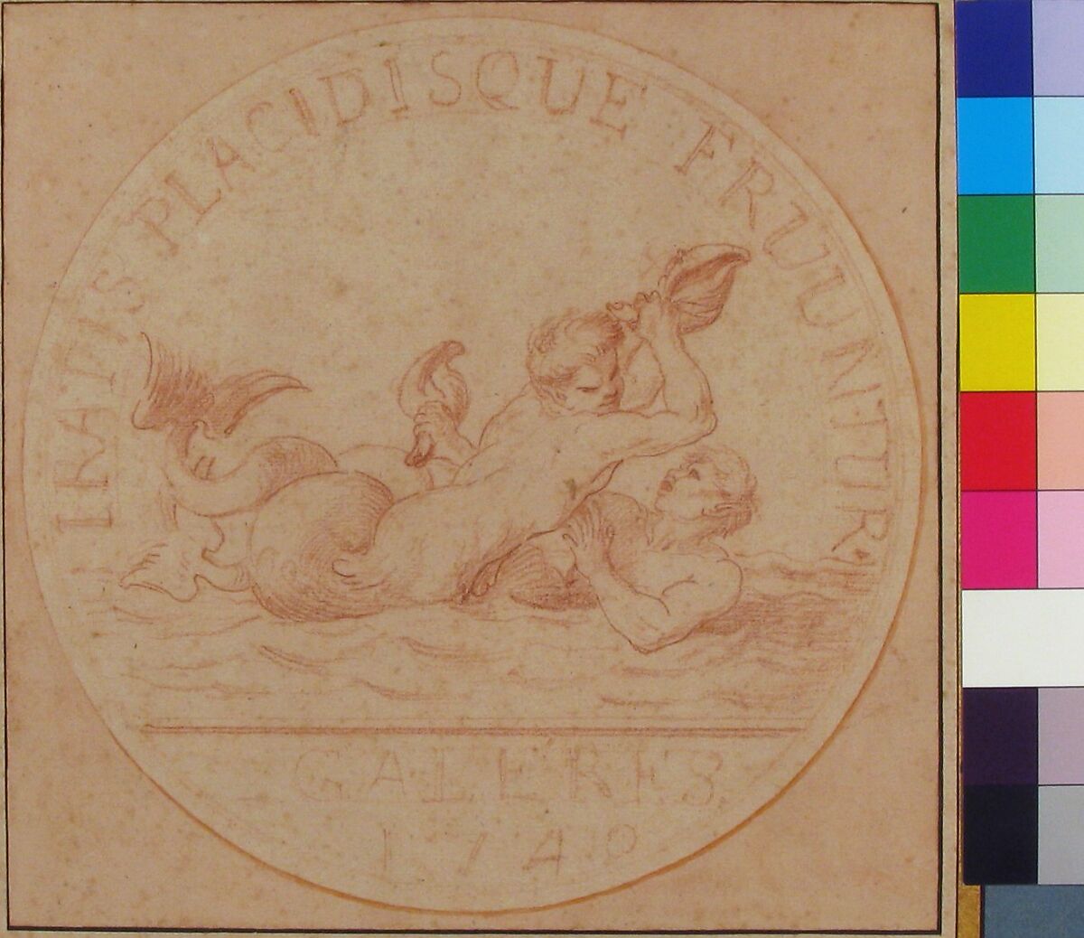 Design for a Token: Galères, 1740, Edme Bouchardon (French, Chaumont 1698–1762 Paris), Red chalk; red chalk wash surrounding design.