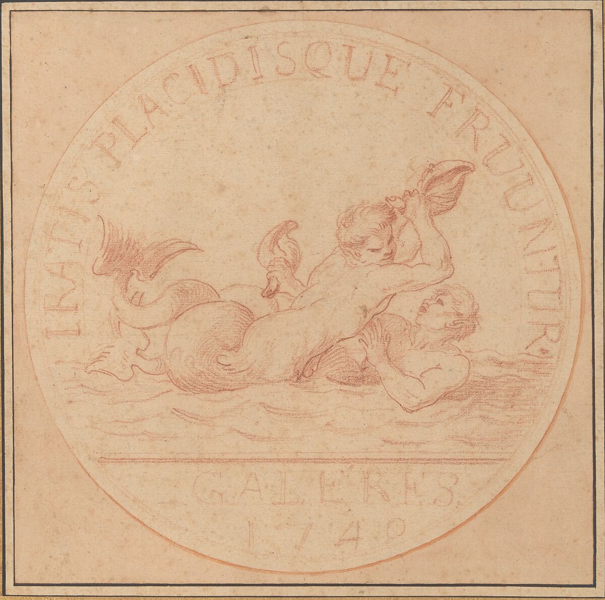 Design for a Token: Galères, 1740, Edme Bouchardon (French, Chaumont 1698–1762 Paris), Red chalk; red chalk wash surrounding design.