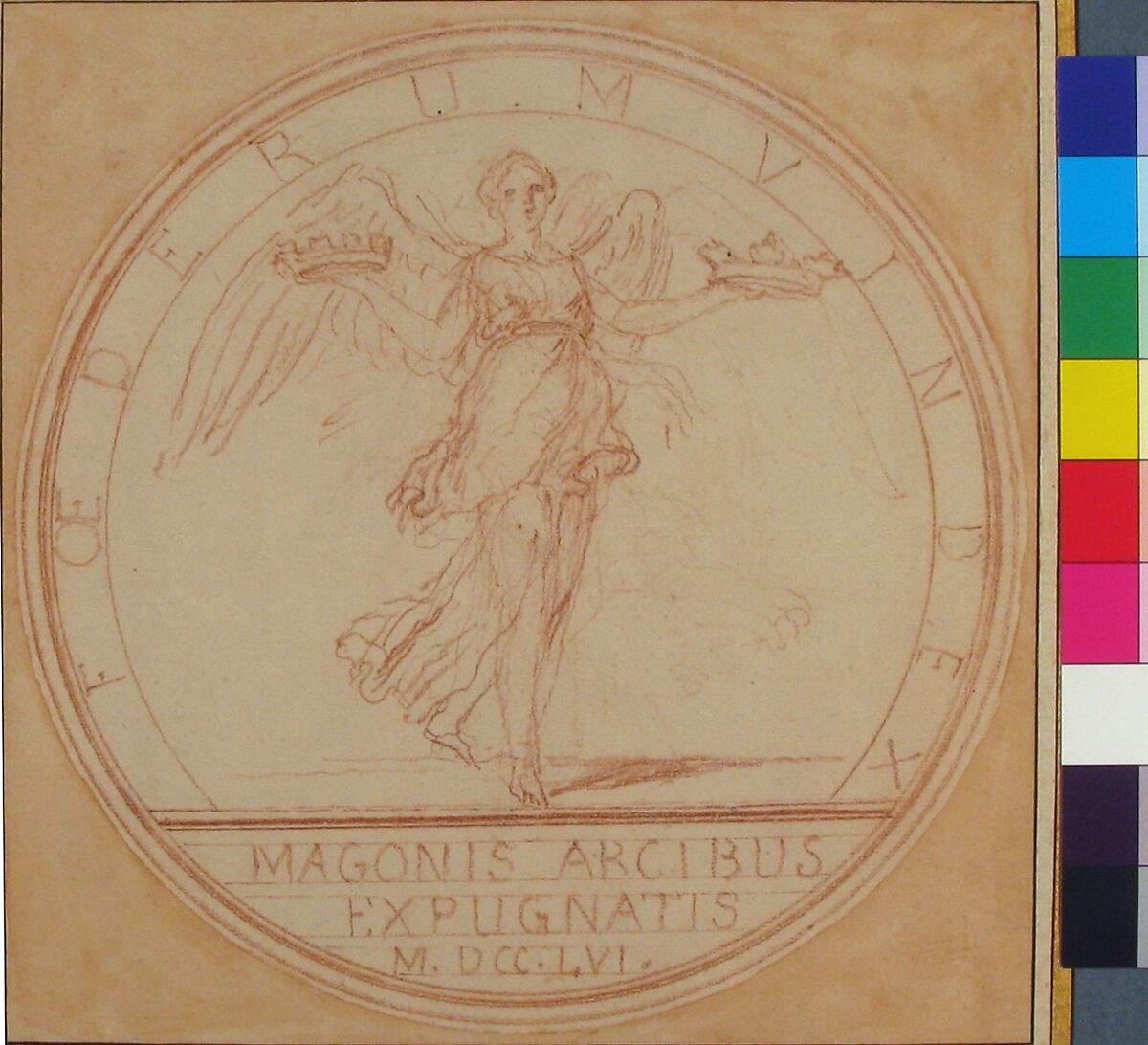 Design for medal commemorating the capture of Port Mahon, Edme Bouchardon (French, Chaumont 1698–1762 Paris), Red chalk; red chalk wash surrounding design