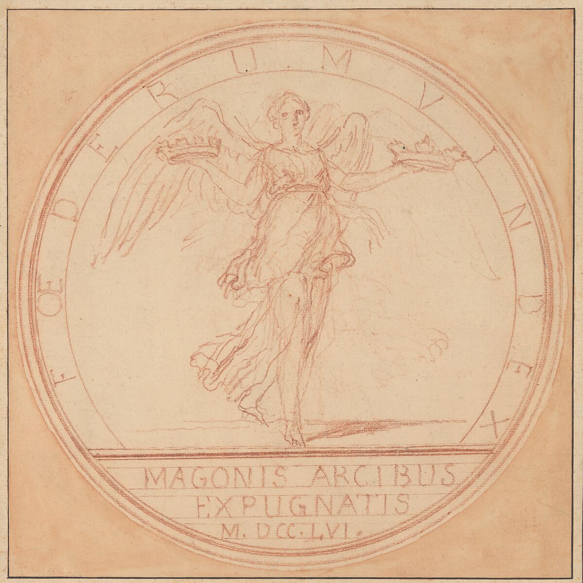 Design for medal commemorating the capture of Port Mahon, Edme Bouchardon (French, Chaumont 1698–1762 Paris), Red chalk; red chalk wash surrounding design