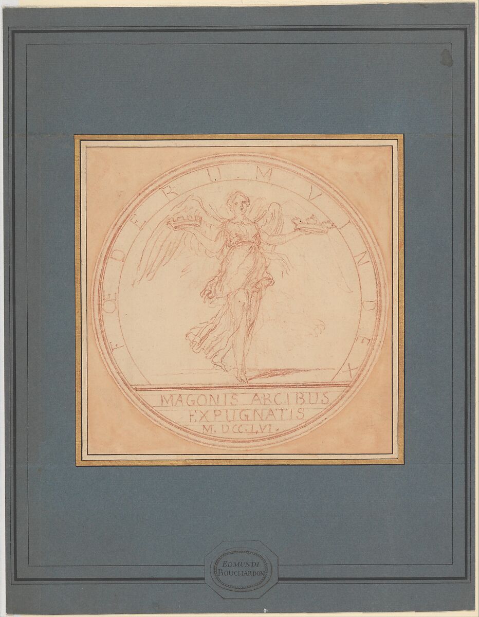 Design for medal commemorating the capture of Port Mahon, Edme Bouchardon (French, Chaumont 1698–1762 Paris), Red chalk; red chalk wash surrounding design