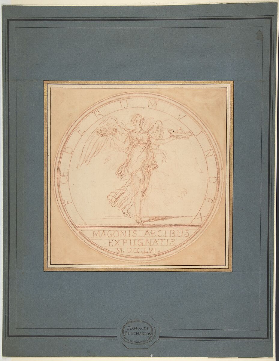 Design for medal commemorating the capture of Port Mahon, Edme Bouchardon (French, Chaumont 1698–1762 Paris), Red chalk; red chalk wash surrounding design 