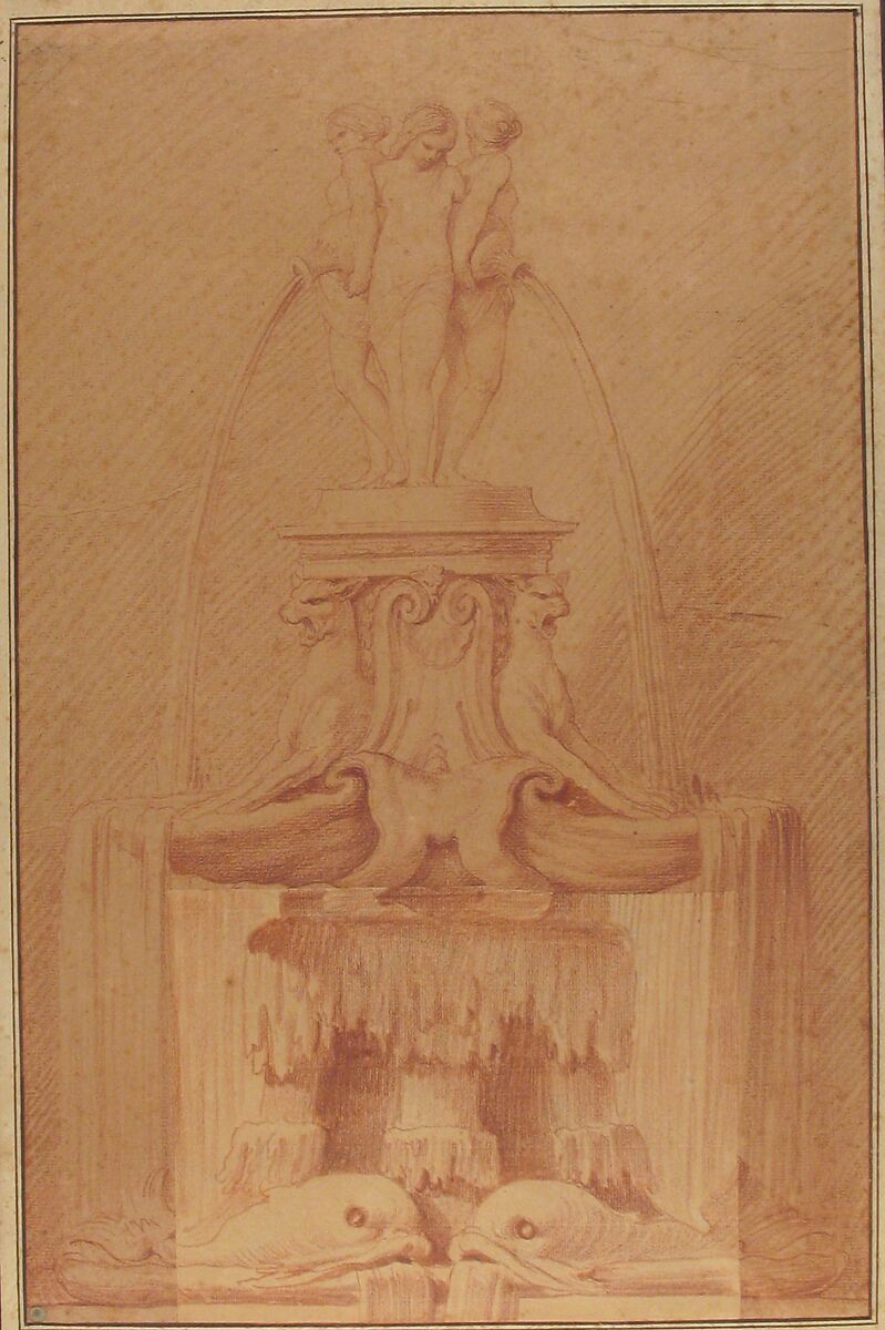Fountain Surmounted by Three Nymphs, Edme Bouchardon (French, Chaumont 1698–1762 Paris), Red chalk on beige paper.  An area has been re-drawn on a separate piece of paper, measuring 14.2 x 18.2 cm., and affixed at lower center, including the fountain base with dolphins.