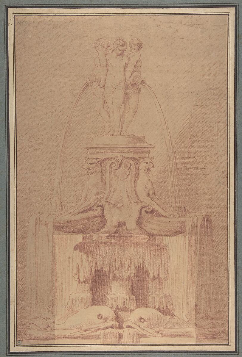 Fountain Surmounted by Three Nymphs, Edme Bouchardon (French, Chaumont 1698–1762 Paris), Red chalk on beige paper.  An area has been re-drawn on a separate piece of paper, measuring 14.2 x 18.2 cm., and affixed at lower center, including the fountain base with dolphins. 
