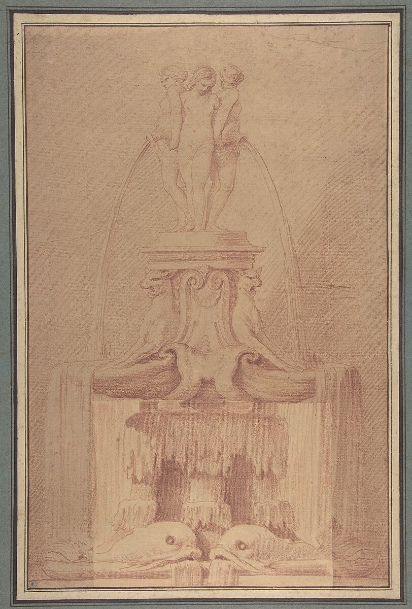 Fountain Surmounted by Three Nymphs, Edme Bouchardon  French, Red chalk on beige paper.  An area has been re-drawn on a separate piece of paper, measuring 14.2 x 18.2 cm., and affixed at lower center, including the fountain base with dolphins.