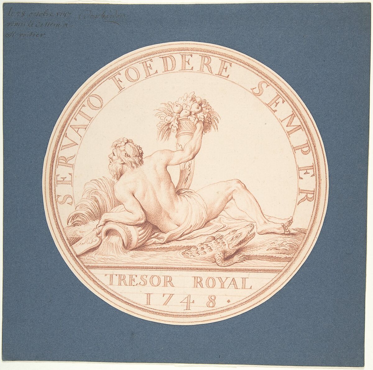 Design for a Token: Trésor Royal 1748, Edme Bouchardon (French, Chaumont 1698–1762 Paris), Red chalk on lined paper 