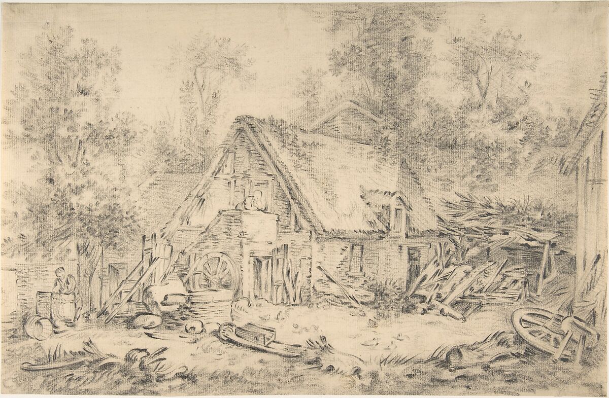 A Cottage, Imitator of François Boucher (French, Paris 1703–1770 Paris), Black chalk 