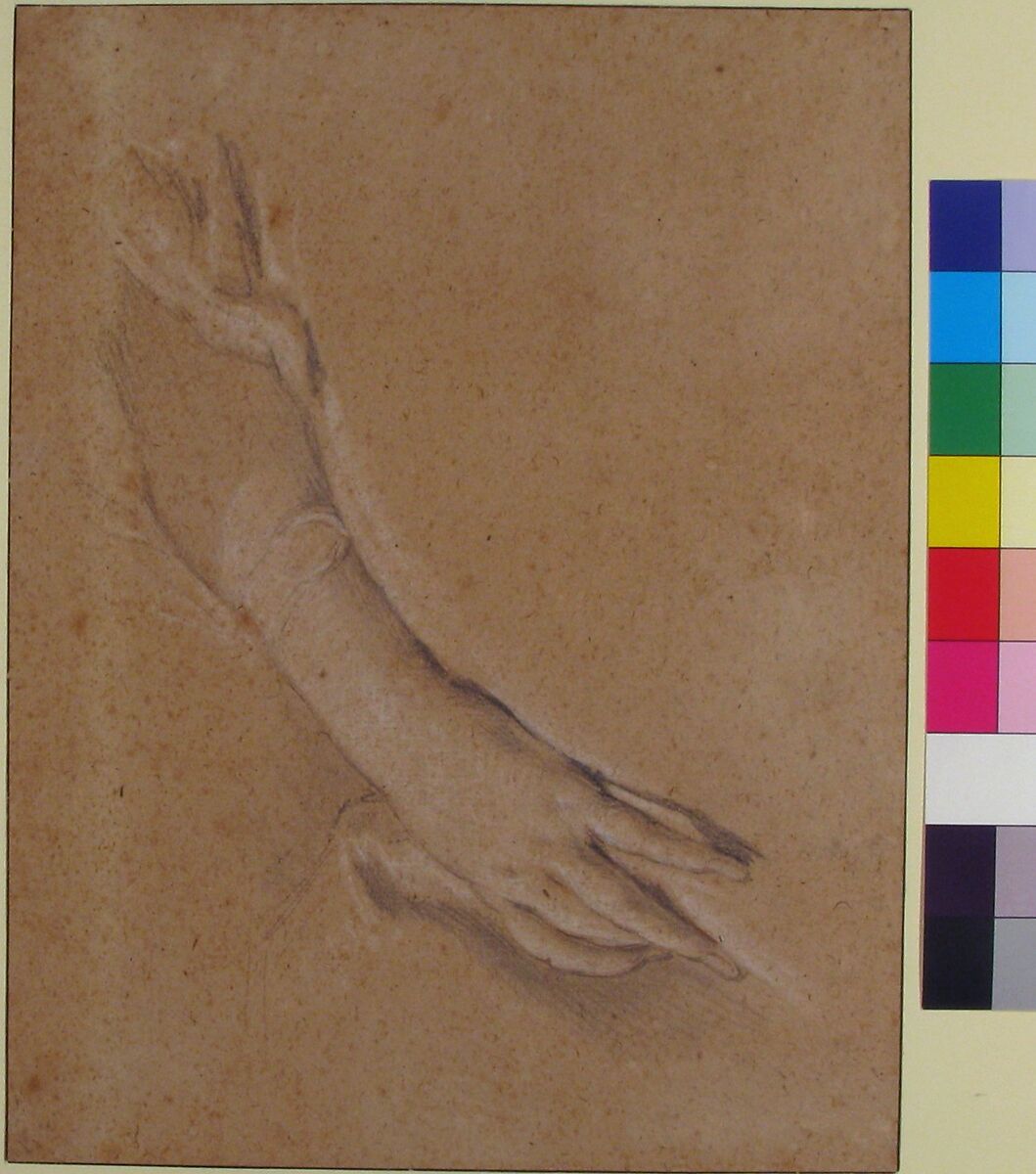 Study of the left hand of Mme de Pompadour, François Boucher (French, Paris 1703–1770 Paris), Black chalk with slight touches of red chalk, heightened with white; framing lines in pen and brown ink