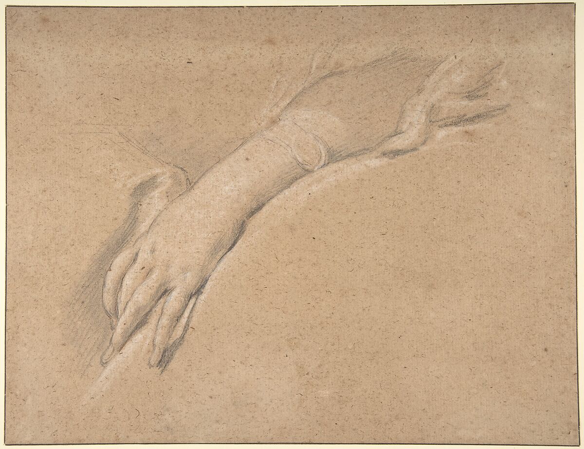 Study of the left hand of Mme de Pompadour, François Boucher (French, Paris 1703–1770 Paris), Black chalk with slight touches of red chalk, heightened with white on buff paper 