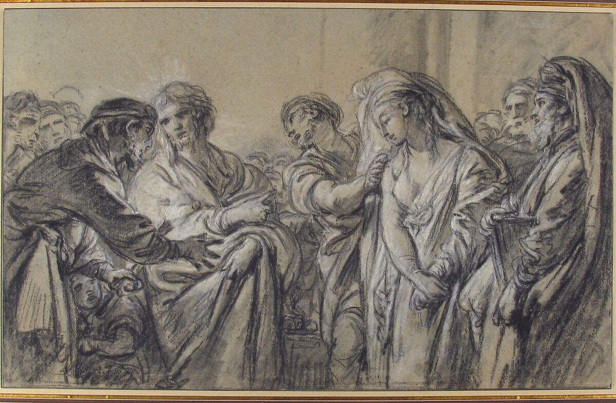 Christ and the Woman Taken in Adultery, François Boucher (French, Paris 1703–1770 Paris), Black and white pastel, with stumping