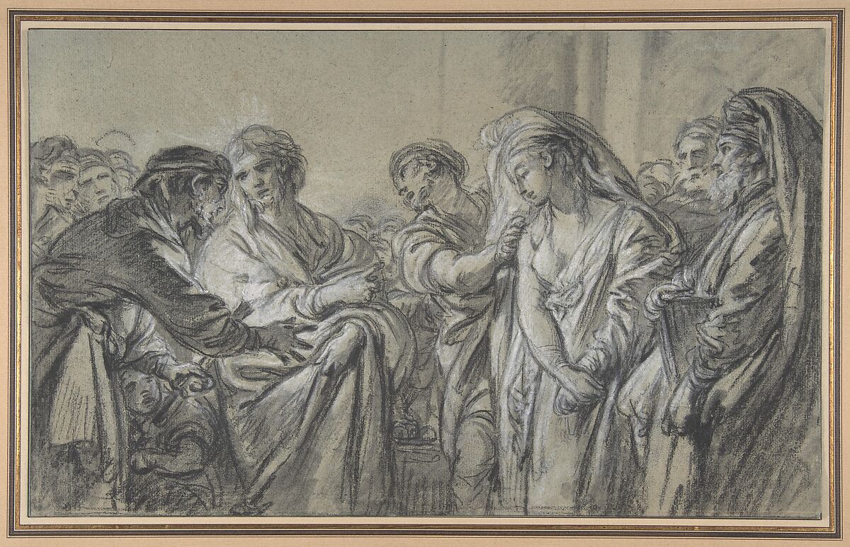Christ and the Woman Taken in Adultery, François Boucher (French, Paris 1703–1770 Paris), Black and white pastel, with stumping 