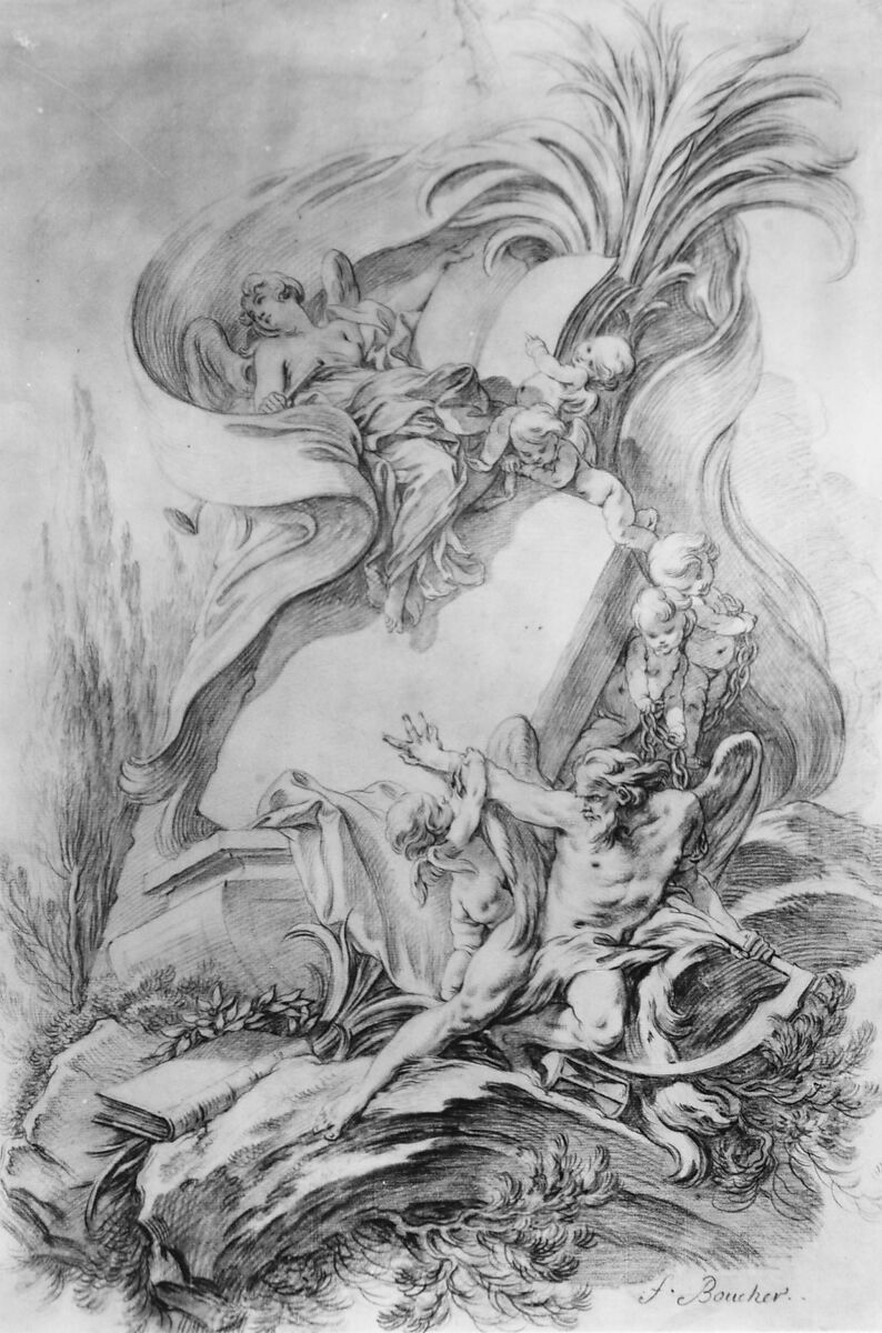 Design for a Frontispiece: Love Staying the Hand of Time, François Boucher (French, Paris 1703–1770 Paris), Black chalk