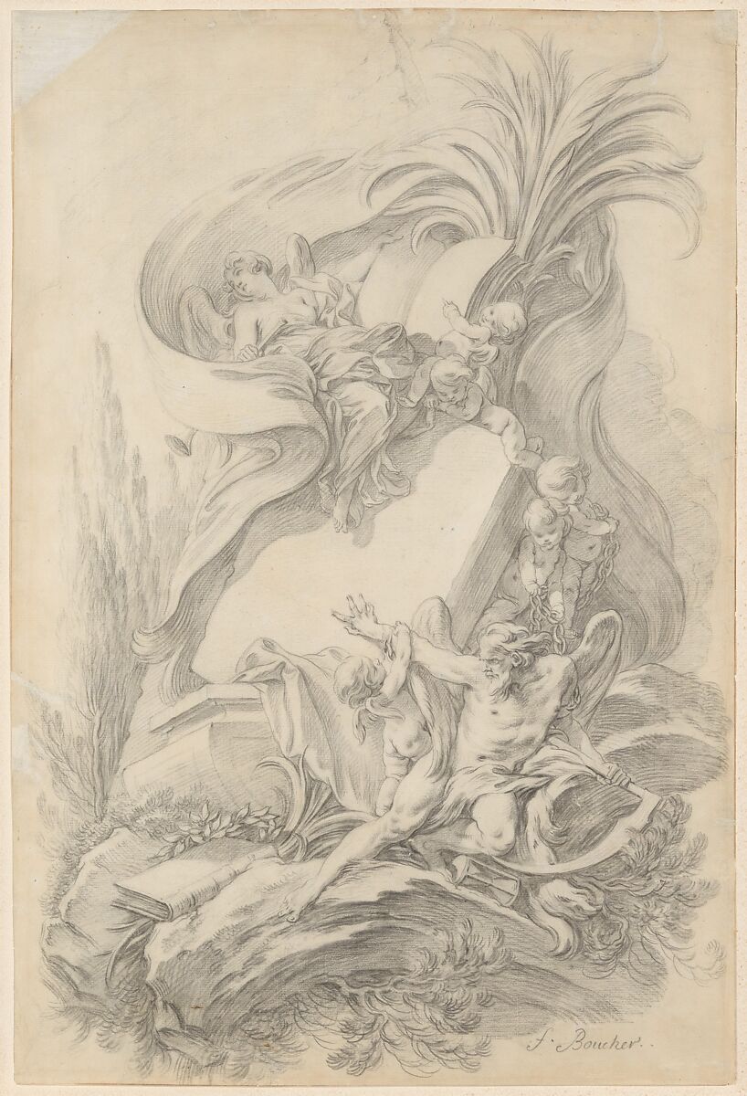 Design for a Frontispiece: Love Staying the Hand of Time, François Boucher (French, Paris 1703–1770 Paris), Black chalk 