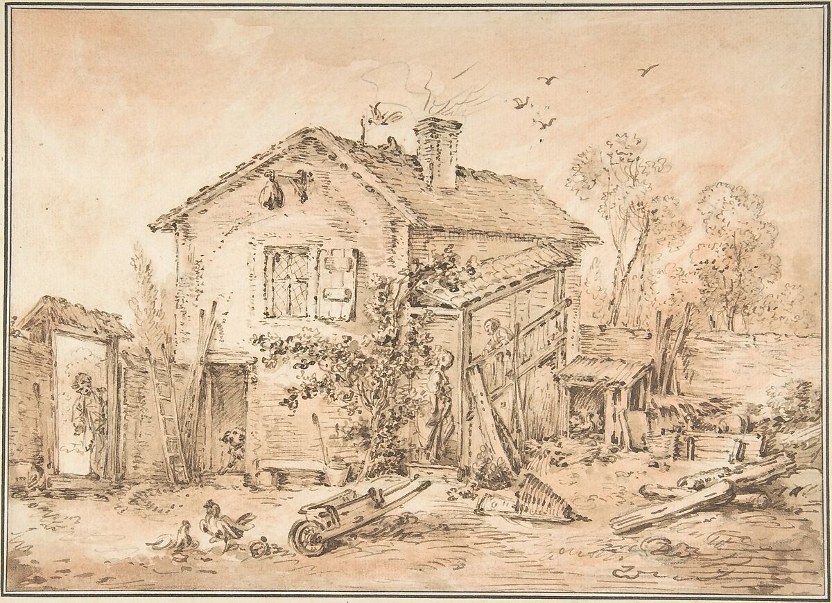 Cottage with Figures, Imitator of François Boucher (French, Paris 1703–1770 Paris), Graphite and pen and brown ink with red chalk over traces of black chalk 
