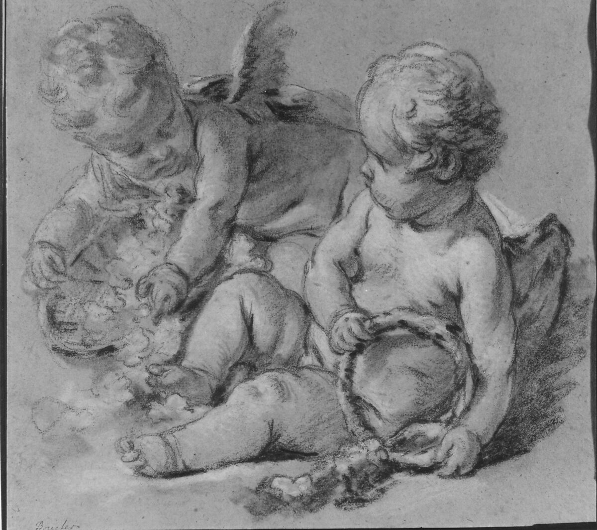 Winged Putti with Flowers, François Boucher (French, Paris 1703–1770 Paris), Black chalk, brush and gray wash, and white chalk