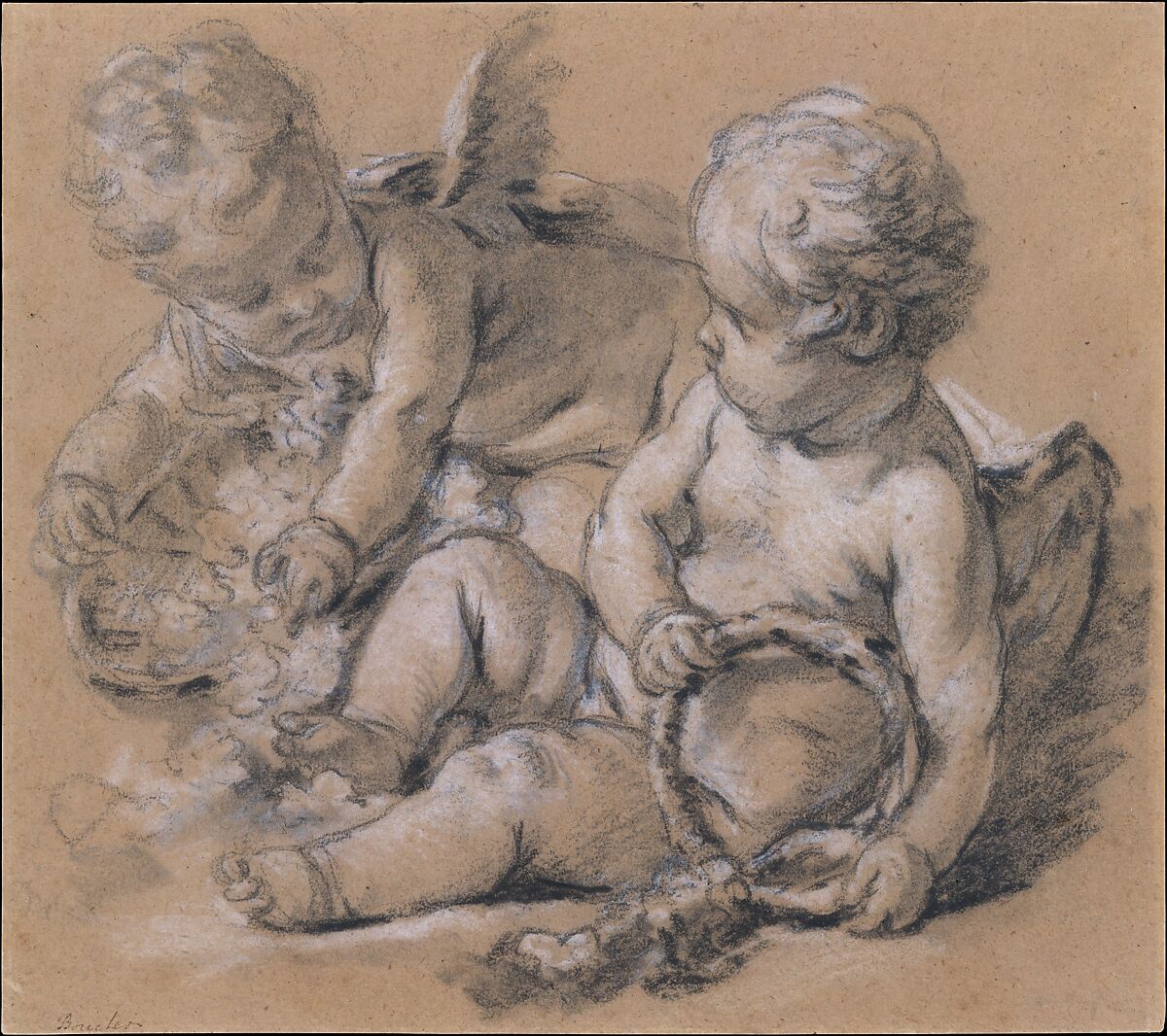 Winged Putti with Flowers, François Boucher (French, Paris 1703–1770 Paris), Black chalk, brush and gray wash, and white chalk