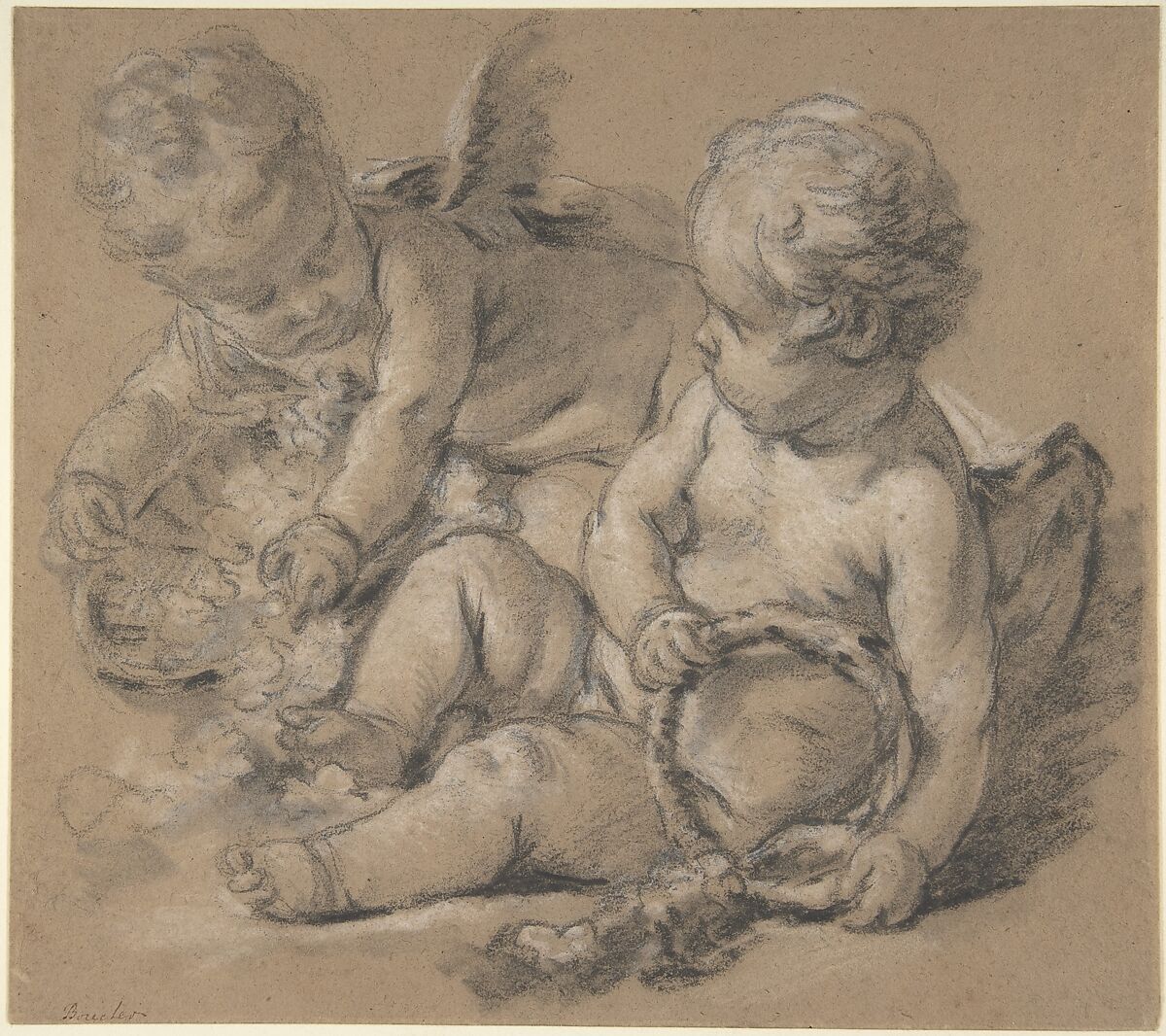 Winged Putti with Flowers, François Boucher (French, Paris 1703–1770 Paris), Black chalk, brush and gray wash, and white chalk 