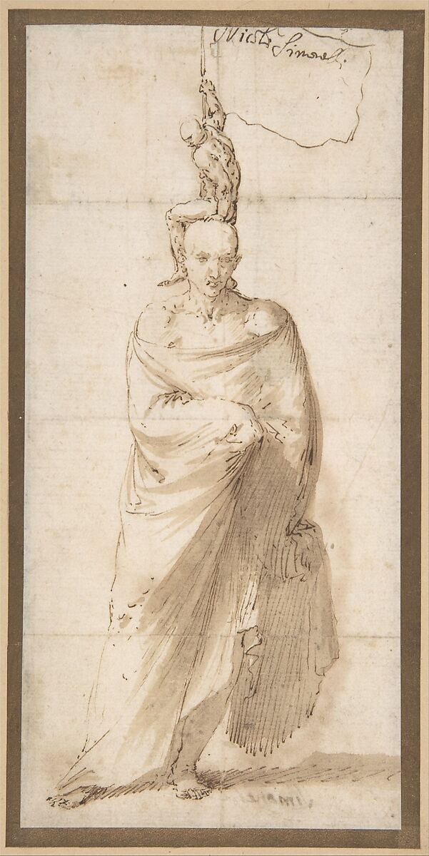 Man Wearing a Large Cloak and a Small Naked Man on His Head, Jusepe de Ribera (called Lo Spagnoletto)  Spanish, Pen and brown ink with brush and brown wash (recto). Lined with a very thin sheet of paper (verso)