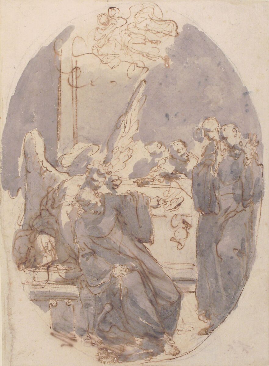 A Dying Ecclesiastic Supported by an Angel, Gaetano Gandolfi (Italian, San Matteo della Decima 1734–1802 Bologna), Pen and brown ink, brush and gray wash, over traces of black chalk