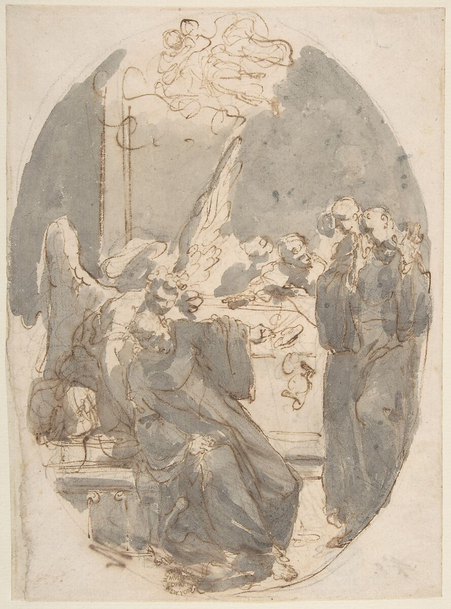 A Dying Ecclesiastic Supported by an Angel, Gaetano Gandolfi (Italian, San Matteo della Decima 1734–1802 Bologna), Pen and brown ink, brush and gray wash, over traces of black chalk 