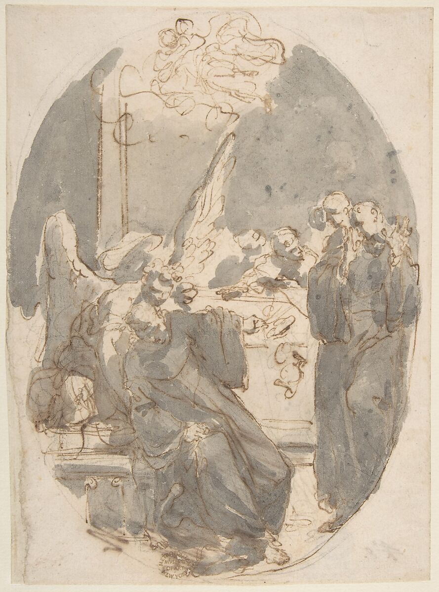 A Dying Ecclesiastic Supported by an Angel, Gaetano Gandolfi  Italian, Pen and brown ink, brush and gray wash, over traces of black chalk